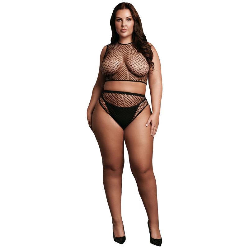 2-Delt Fiskenet Crop Top og Trusse Sæt Plus Size - Sort
