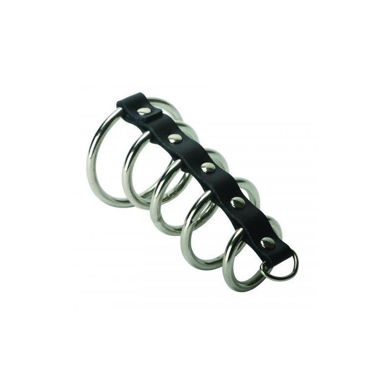 5 Ring Chastity Device i Læder - Total Erektion Kontrol